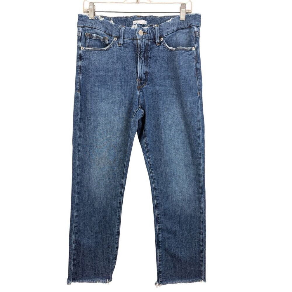 Good American Mid Rise Straight Leg Jeans Sz 12 Raw Hem Medium Wash Distressed